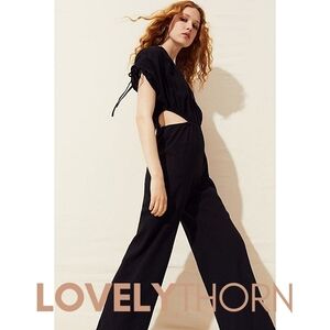 H&M // black plunge side cut-out short tie sleeve straight wide leg jumpsuit